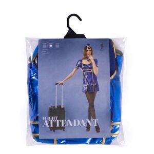 Womens Flight Attendant Costume Blue Uniform Dress Hat Choker Halloween Cosplay